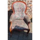 Victorian mahogany button back armchair with scroll arms & feet