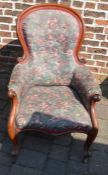 Victorian mahogany button back armchair with scroll arms & feet