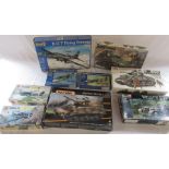 Selection of model kits inc Revell B-17 flying fortress, Tamiya Sherman M4A3 tank and M4A3E2 jumbo