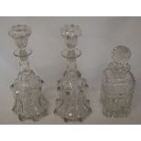Pair of 19th century mallet style glass decanters & an early 20th decanter