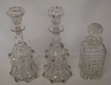 Pair of 19th century mallet style glass decanters & an early 20th decanter