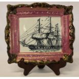 Sunderland lustre rectangular plaque depicting sailing ship dia. 22cm