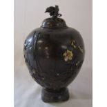 Japanese bronze incense burner Meiji period with gilt decoration and bird finial H 18 cm