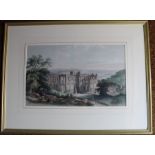 Gilt framed hand-coloured lithographic print depicting church ruins (Fountains Abbey?) 72cm x