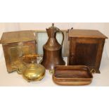 Art Deco coal box, small oak medicine cabinet, washboard, brass kettle, copper planter & large