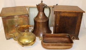 Art Deco coal box, small oak medicine cabinet, washboard, brass kettle, copper planter & large