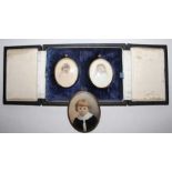 Pair of oval portrait miniatures in brass frames depicting young children, in fitted case & 1