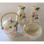 Pair of Maling ware lustre vases H 25.5 cm with basket dish & biscuit barrel