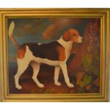 Large oil on board of a fox hound in the manner of J A Wheeler, frame size 71cm by 61cm