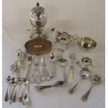Assorted silver plate inc cutlery, egg coddler etc