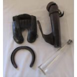Leather saddle flask containing conical glass decanter (stopper needs reattaching) & leather horse