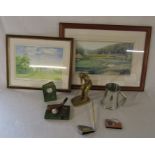 Selection of golfing memorabilia inc prints, tankard, pen, clock and paperweights etc