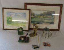 Selection of golfing memorabilia inc prints, tankard, pen, clock and paperweights etc
