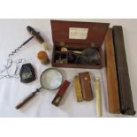 Various collectables inc mauchline ware Whitby Abbey, apothecary scales, miniature dominoes, rulers,