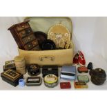 Selection of vintage tins, miniature chest of drawers, Poloroid camera, straw suitcase etc.