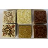 Set of 14 + 1 Victorian sepia pattern tiles, 7 ochre tiles with raised decoration, 10 Victorian