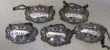 Set of 5 silver spirit / decanter labels - sherry, brandy, gin, whisky and port London 1972/3 weight