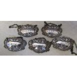 Set of 5 silver spirit / decanter labels - sherry, brandy, gin, whisky and port London 1972/3 weight