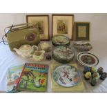 Various ceramics inc collectors plates, Bush radio, Rupert annuals and framed prints etc