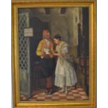 Oil on board of a Spanish interior scene of a lady & gentleman in conversation with indistinct