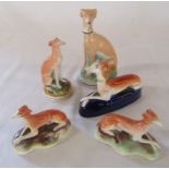 5 Staffordshire dogs / whippets including a small pair with hollow bases