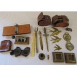 Various brassware, brush sets, goggles, morse code machine etc