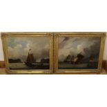 A large pair of oil paintings depicting seascapes with sailing vessels in the foreground, in gilt