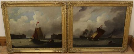 A large pair of oil paintings depicting seascapes with sailing vessels in the foreground, in gilt