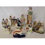 Selection of Staffordshire & bisque figure groups & greyhound pen stand