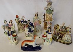 Selection of Staffordshire & bisque figure groups & greyhound pen stand