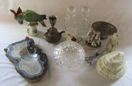 Various ceramics inc creamware, (Dresden parrott and group figurine af), pair of glass decanters,