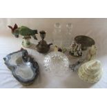 Various ceramics inc creamware, (Dresden parrott and group figurine af), pair of glass decanters,