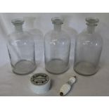 3 large glass chemist bottles with stoppers, Victorian style lidded paste pot & toilet chain pull