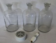 3 large glass chemist bottles with stoppers, Victorian style lidded paste pot & toilet chain pull