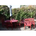 Cannock Gates hardwood stained patio table, 4 chairs, 3 bench chairs & an umbrella
