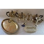 Selection of silver plate inc tea service, toast rack and candelabra