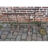 Pair of Victorian wrought iron trestle stands, blow torch & weighing scales