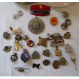 Tin containing assorted pin badges inc WVS Civic Defence, Girl Guides, St Johns Ambulance,