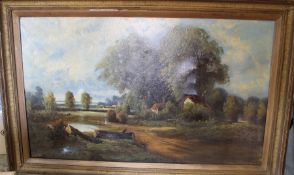 Large gilt framed oil on canvas depicting a rural landscape with cottage, signed W Haines, 101cm x