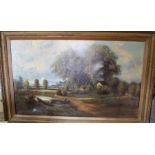 Large gilt framed oil on canvas depicting a rural landscape with cottage, signed W Haines, 101cm x