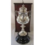 Large Victorian silver lidded trophy with wooden box 'The Three Miles championship Bicycle Cup'