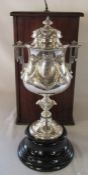 Large Victorian silver lidded trophy with wooden box 'The Three Miles championship Bicycle Cup'