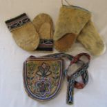 Embroidered vintage leather Eskimo gloves L 25.5 cm and bag 20 cm x 19 cm & pair of seal fur