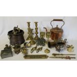 Selection of brass and copper ware including mortar, candlesticks, Lifeboat Hotel Cleethorpes soup