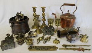 Selection of brass and copper ware including mortar, candlesticks, Lifeboat Hotel Cleethorpes soup