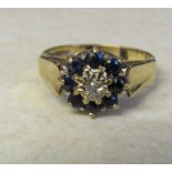 9ct gold sapphire and diamond daisy ring size S weight 4.4 g