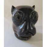Late 19th century novelty wooden inkwell in the form of a boxer dog / French bulldog with glass eyes