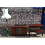 Mahogany standard lamp with shade, TV cabinet and hall / consort table