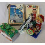 Russian tinplate clockwork moving vehicles scene, Cha Cha drumming clown & Playful Penguin Vale (all