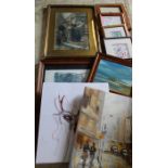 Edwardian framed print, modern oil on canvas, embroidered panel, sel. framed prints etc.